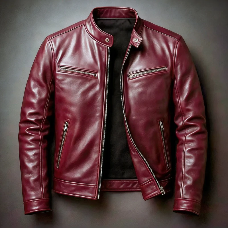 Herren Schmal geschnittene Biker-Lederjacke aus Nappaleder mit Stehkragen und Reißverschluss Nord Taschen