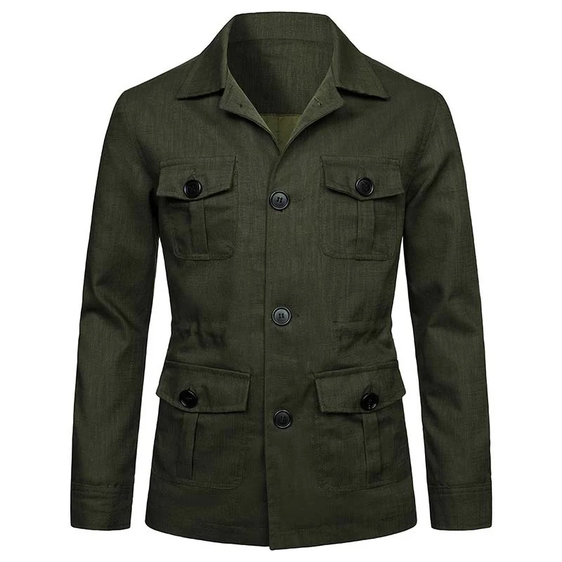 Herren Safari‑Leinenjacke mit vier aufgesetzten Pattentaschen Nord Taschen