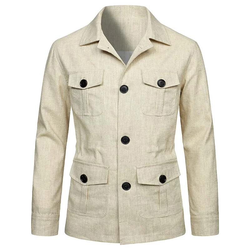 Herren Safari‑Leinenjacke mit vier aufgesetzten Pattentaschen Nord Taschen