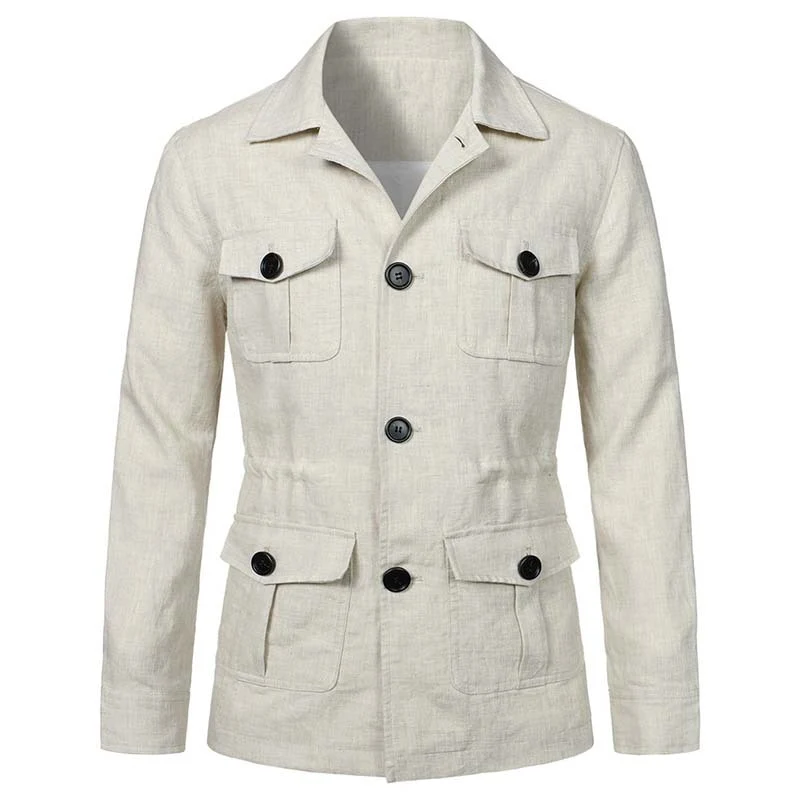 Herren Safari‑Leinenjacke mit vier aufgesetzten Pattentaschen Nord Taschen