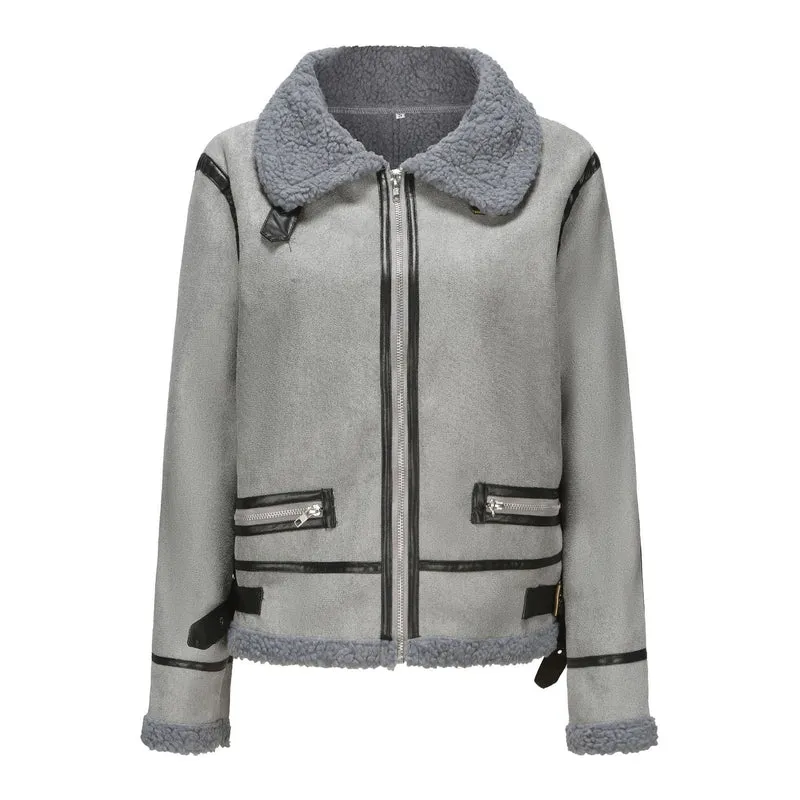 Damen Kurz geschnittene Aviator Lammfell‑Imitatjacke mit Teddyfutter und Kunstlederbesatz Nord Taschen