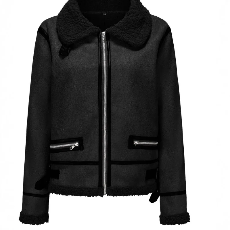 Damen Kurz geschnittene Aviator Lammfell‑Imitatjacke mit Teddyfutter und Kunstlederbesatz Nord Taschen