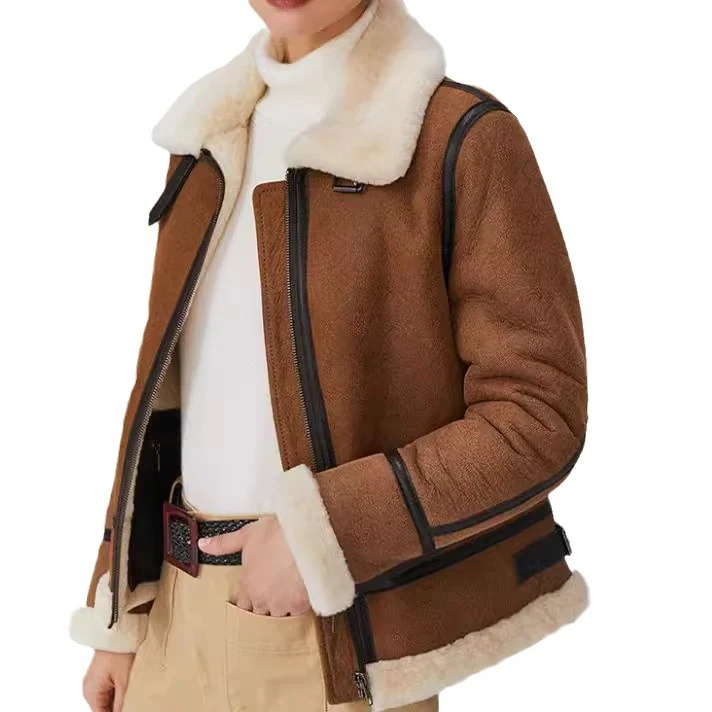 Damen Kurz geschnittene Aviator Lammfell‑Imitatjacke mit Teddyfutter und Kunstlederbesatz Nord Taschen