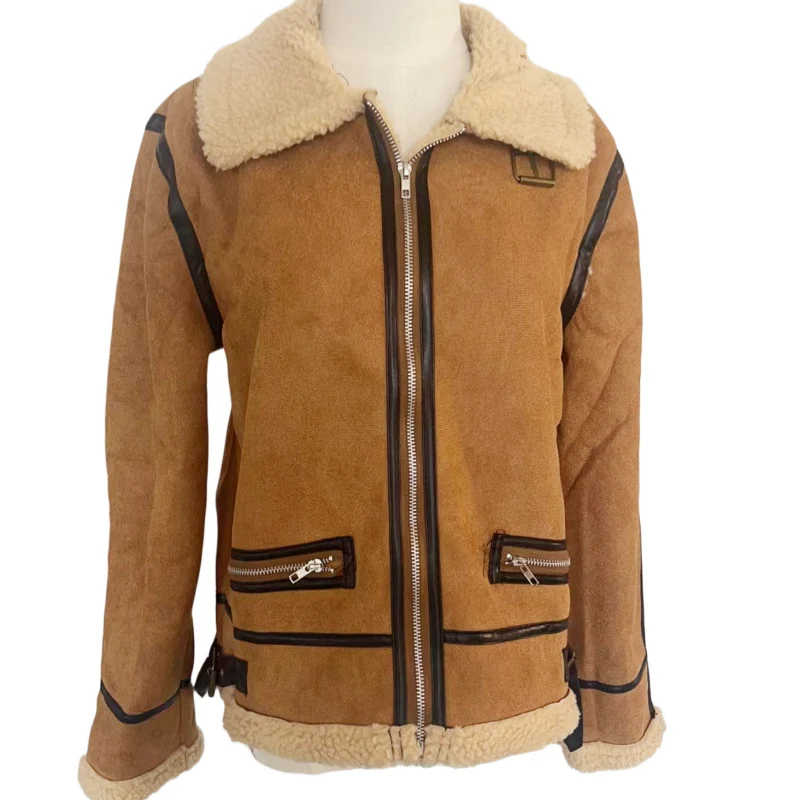 Damen Kurz geschnittene Aviator Lammfell‑Imitatjacke mit Teddyfutter und Kunstlederbesatz Nord Taschen