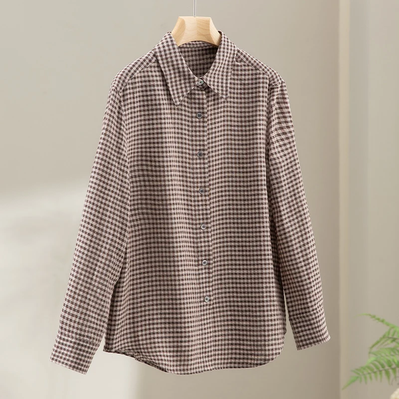 Damen Karierte Oversize-Hemdbluse mit Kentkragen und gerundetem Saum Nord Taschen