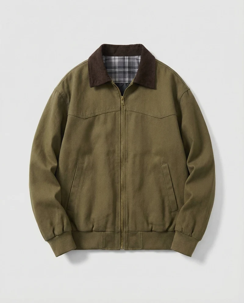 Herren robuster Canvas-Blouson mit Cordkragen und kariertem Steppfutter