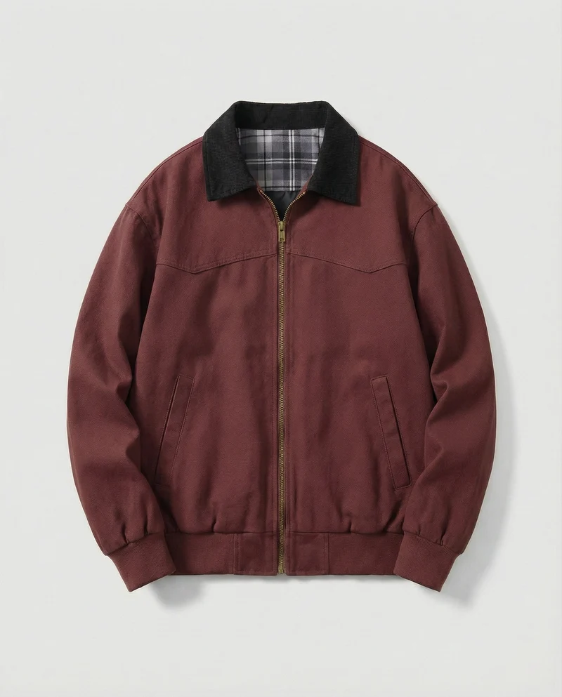 Herren robuster Canvas-Blouson mit Cordkragen und kariertem Steppfutter