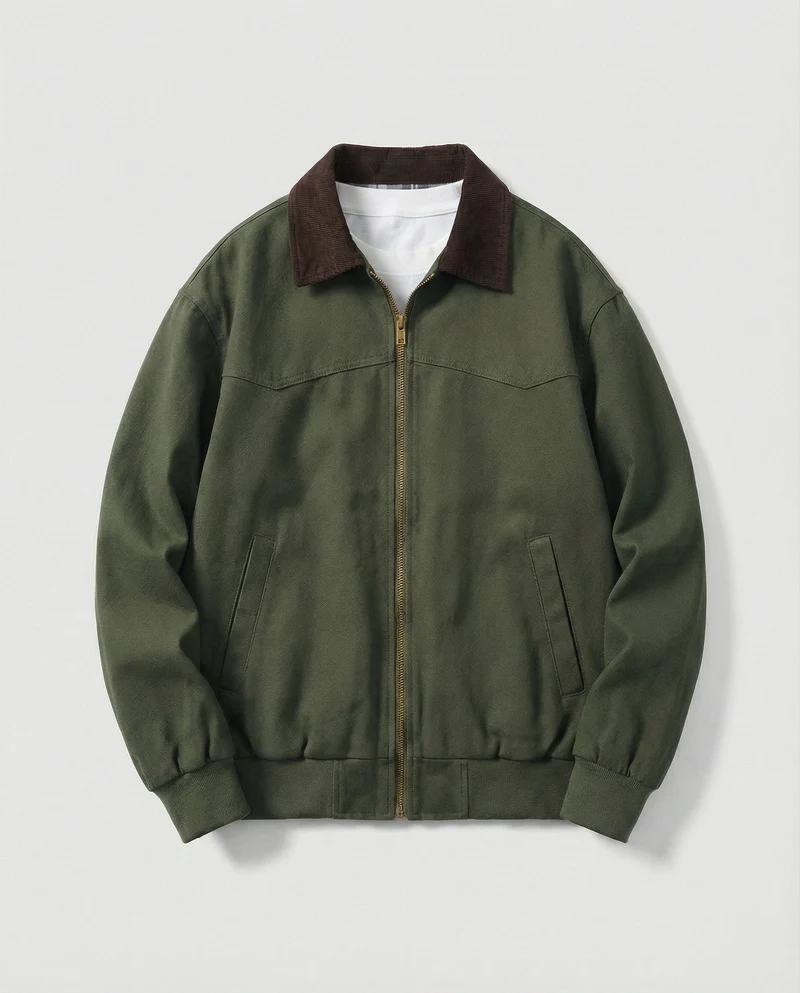 Herren robuster Canvas-Blouson mit Cordkragen und kariertem Steppfutter