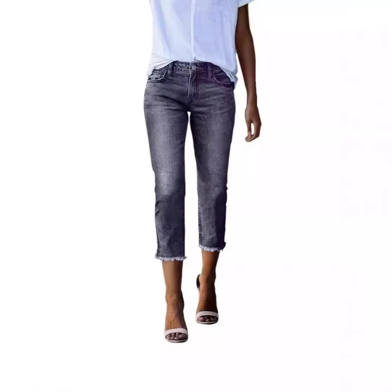 Damen 3/4 Jeans mit modischem Fransenabschluss