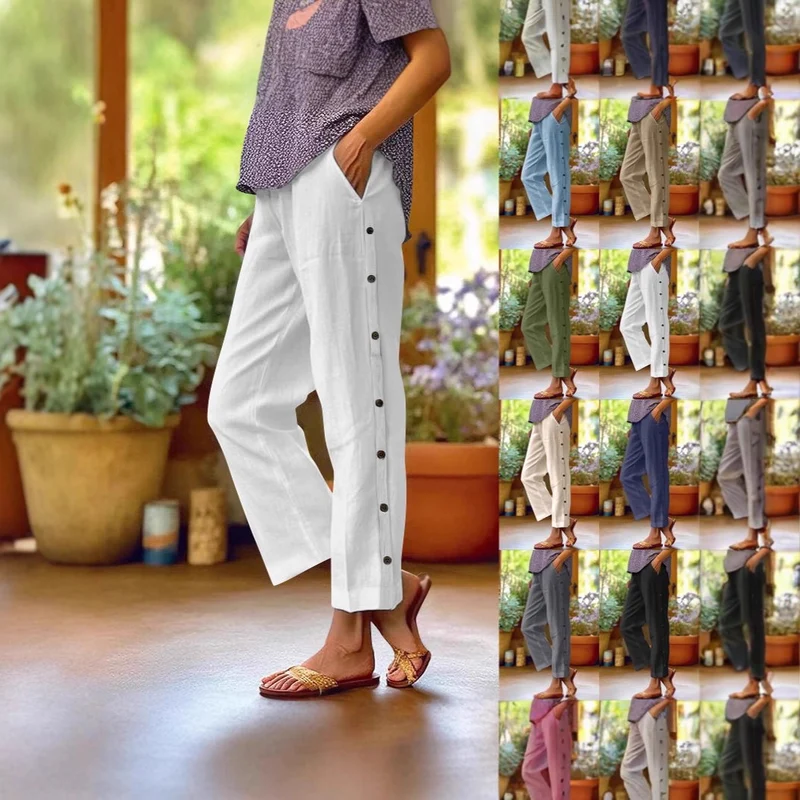 Damen Leichte Leinenmix-Hose mit seitlicher Knopfleiste und geradem Cropped-Schnitt Nord Taschen