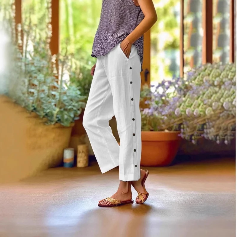 Damen Leichte Leinenmix-Hose mit seitlicher Knopfleiste und geradem Cropped-Schnitt Nord Taschen