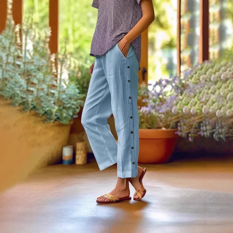 Damen Leichte Leinenmix-Hose mit seitlicher Knopfleiste und geradem Cropped-Schnitt Nord Taschen