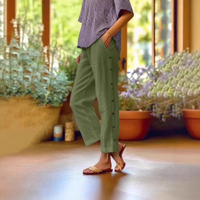 Damen Leichte Leinenmix-Hose mit seitlicher Knopfleiste und geradem Cropped-Schnitt Nord Taschen