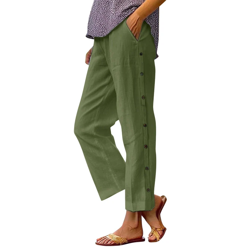 Damen Leichte Leinenmix-Hose mit seitlicher Knopfleiste und geradem Cropped-Schnitt Nord Taschen