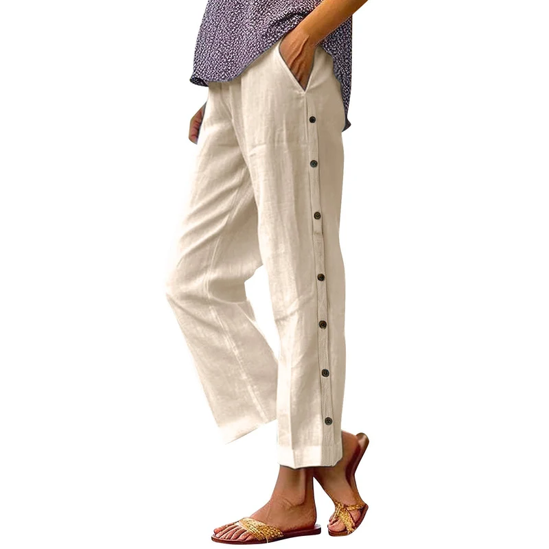 Damen Leichte Leinenmix-Hose mit seitlicher Knopfleiste und geradem Cropped-Schnitt Nord Taschen