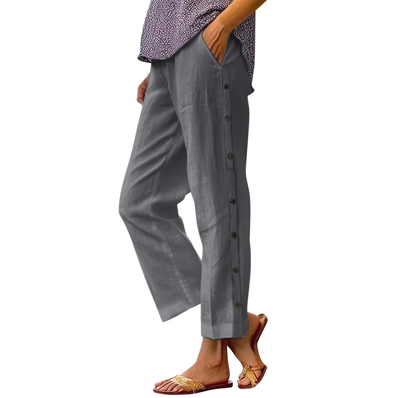 Damen Leichte Leinenmix-Hose mit seitlicher Knopfleiste und geradem Cropped-Schnitt Nord Taschen