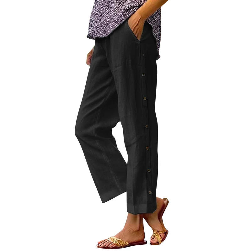Damen Leichte Leinenmix-Hose mit seitlicher Knopfleiste und geradem Cropped-Schnitt Nord Taschen