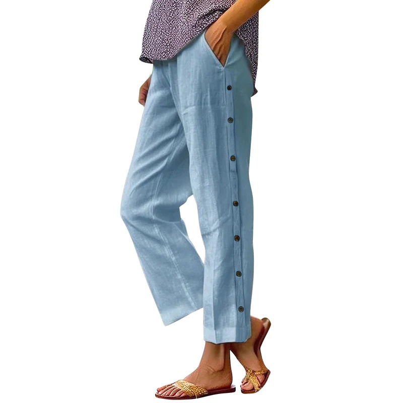 Damen Leichte Leinenmix-Hose mit seitlicher Knopfleiste und geradem Cropped-Schnitt Nord Taschen