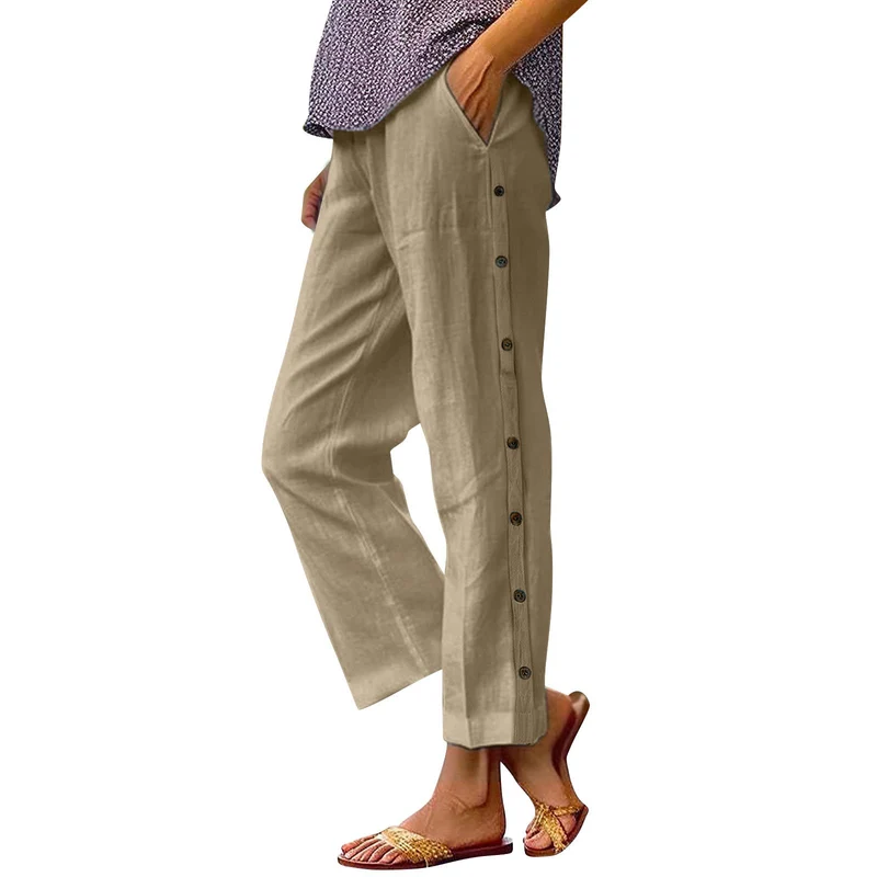 Damen Leichte Leinenmix-Hose mit seitlicher Knopfleiste und geradem Cropped-Schnitt Nord Taschen