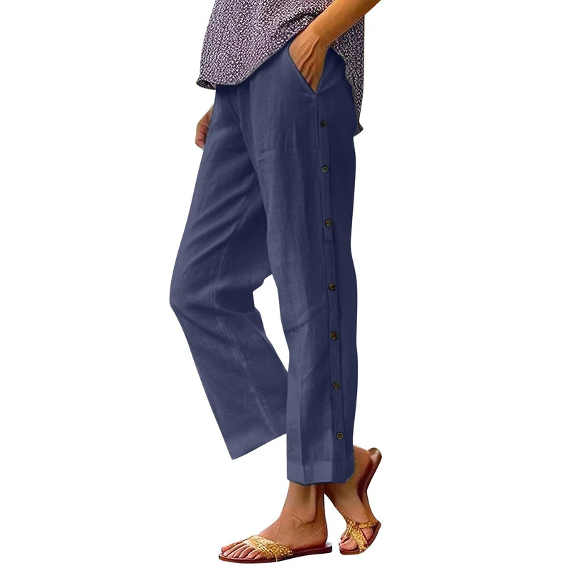 Damen Leichte Leinenmix-Hose mit seitlicher Knopfleiste und geradem Cropped-Schnitt Nord Taschen