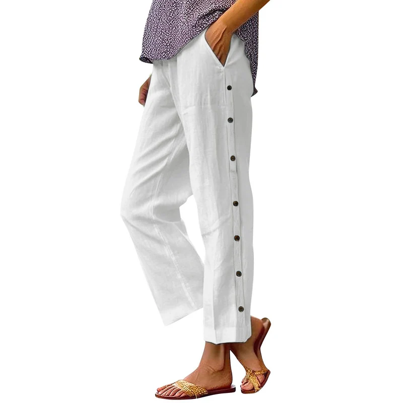Damen Leichte Leinenmix-Hose mit seitlicher Knopfleiste und geradem Cropped-Schnitt Nord Taschen