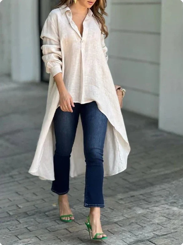 Damen Leichte Leinen‑Tunika‑Bluse mit asymmetrischem High‑Low‑Schwanz und Hemdkragen Nord Taschen