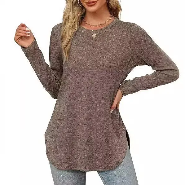 Damen Lässiges Longsleeve-Tunikaoberteil mit Rundhalsausschnitt, Seitenschlitzen und Aquarell-Blattprint Nord Taschen
