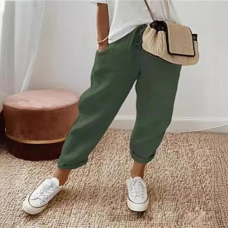 Damen Lässige Leinen-Joggerhose mit hohem Bund, Tunnelzug und gekrempeltem Saum Nord Taschen