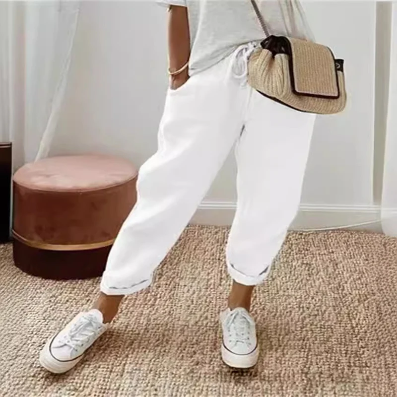 Damen Lässige Leinen-Joggerhose mit hohem Bund, Tunnelzug und gekrempeltem Saum Nord Taschen