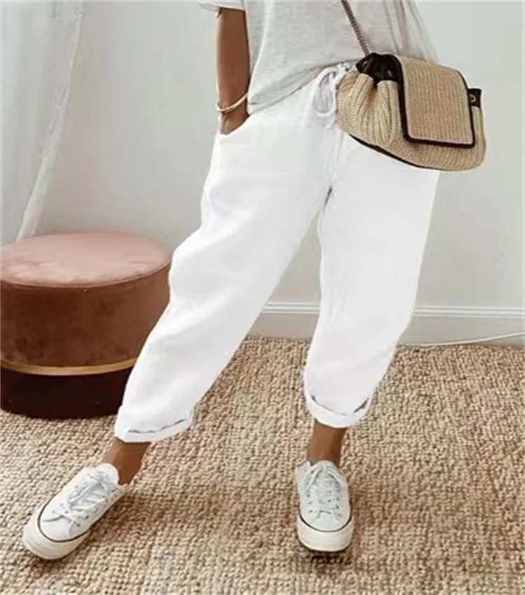 Damen Lässige Leinen-Joggerhose mit hohem Bund, Tunnelzug und gekrempeltem Saum Nord Taschen
