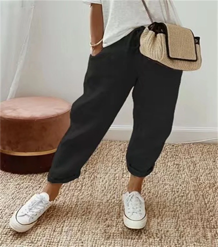Damen Lässige Leinen-Joggerhose mit hohem Bund, Tunnelzug und gekrempeltem Saum Nord Taschen