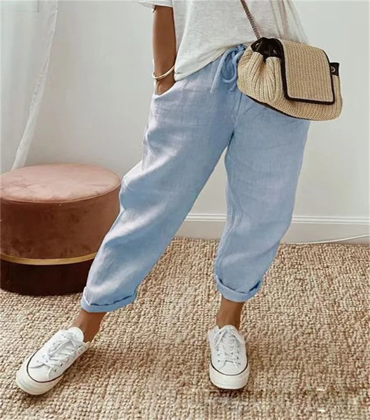 Damen Lässige Leinen-Joggerhose mit hohem Bund, Tunnelzug und gekrempeltem Saum Nord Taschen