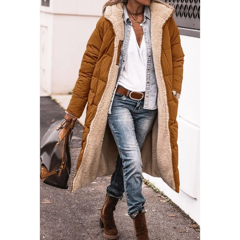 Damen langer Steppmantel mit Teddy-Innenfutter, Kapuze und wärmender Wattierung Nord Taschen
