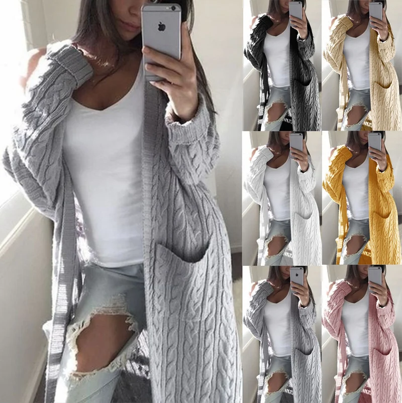 Damen Langer Oversize Zopfmuster-Strickcardigan mit Eingrifftaschen Nord Taschen