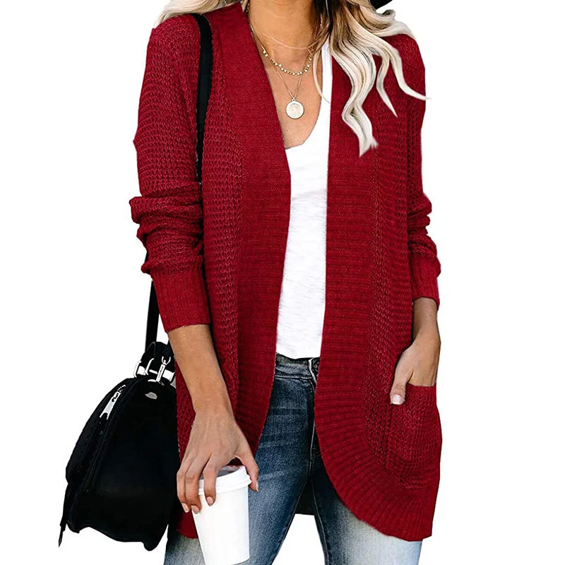 Damen Langer Offener Strickcardigan mit Taschen, Rippbündchen und strukturierter Waffeloptik Nord Taschen