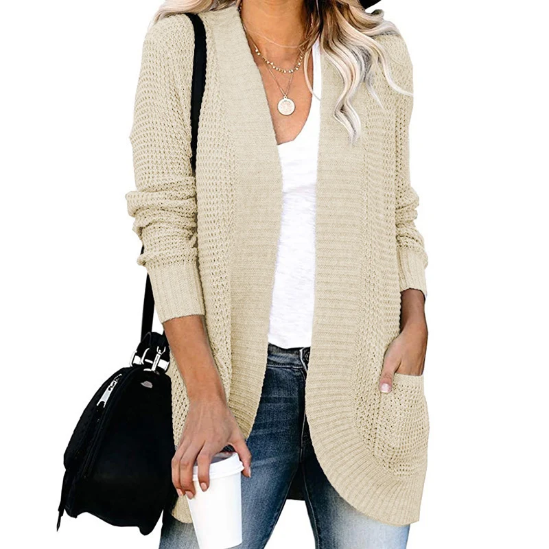 Damen Langer Offener Strickcardigan mit Taschen, Rippbündchen und strukturierter Waffeloptik Nord Taschen