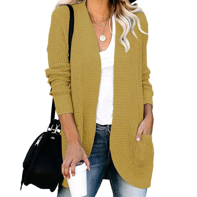 Damen Langer Offener Strickcardigan mit Taschen, Rippbündchen und strukturierter Waffeloptik Nord Taschen