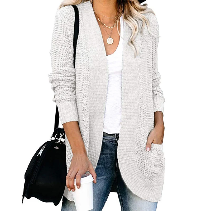 Damen Langer Offener Strickcardigan mit Taschen, Rippbündchen und strukturierter Waffeloptik Nord Taschen