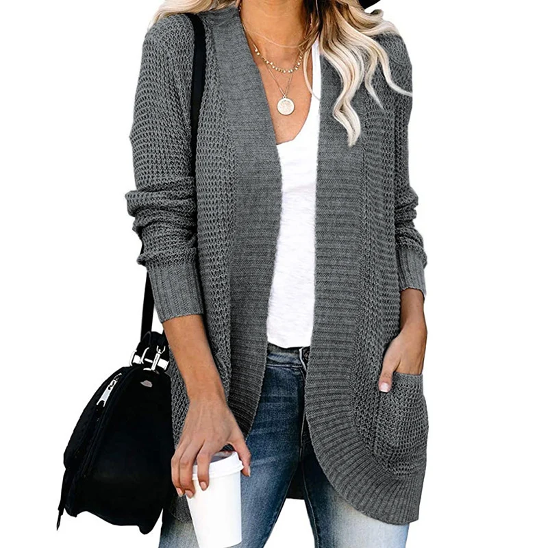 Damen Langer Offener Strickcardigan mit Taschen, Rippbündchen und strukturierter Waffeloptik Nord Taschen