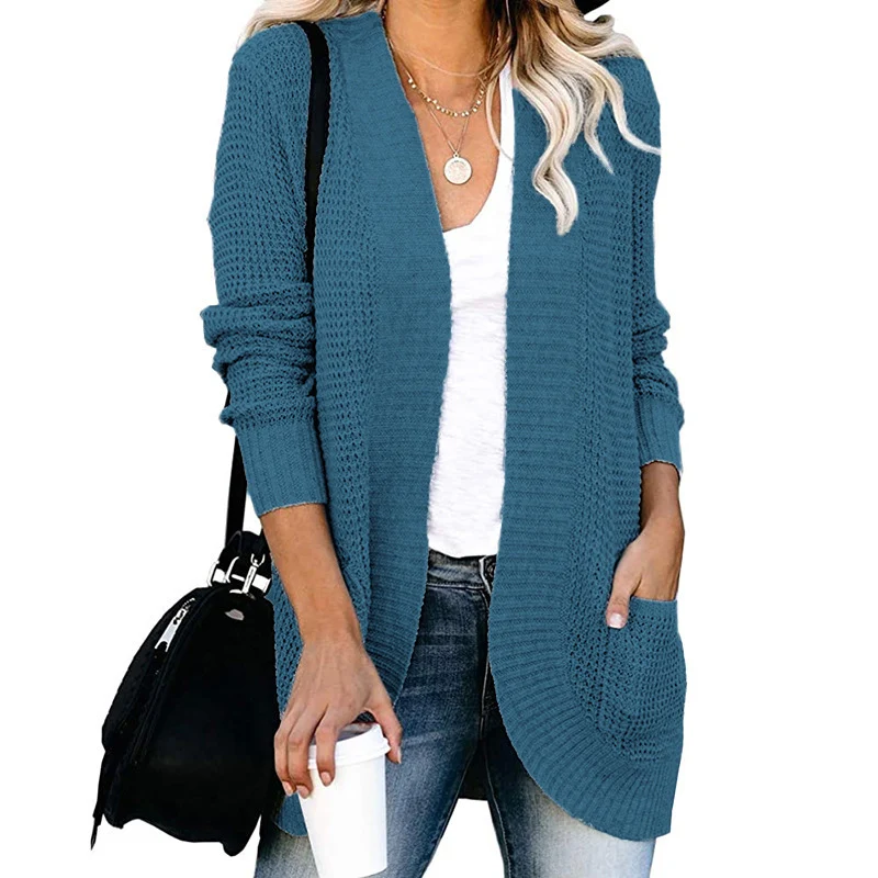 Damen Langer Offener Strickcardigan mit Taschen, Rippbündchen und strukturierter Waffeloptik Nord Taschen