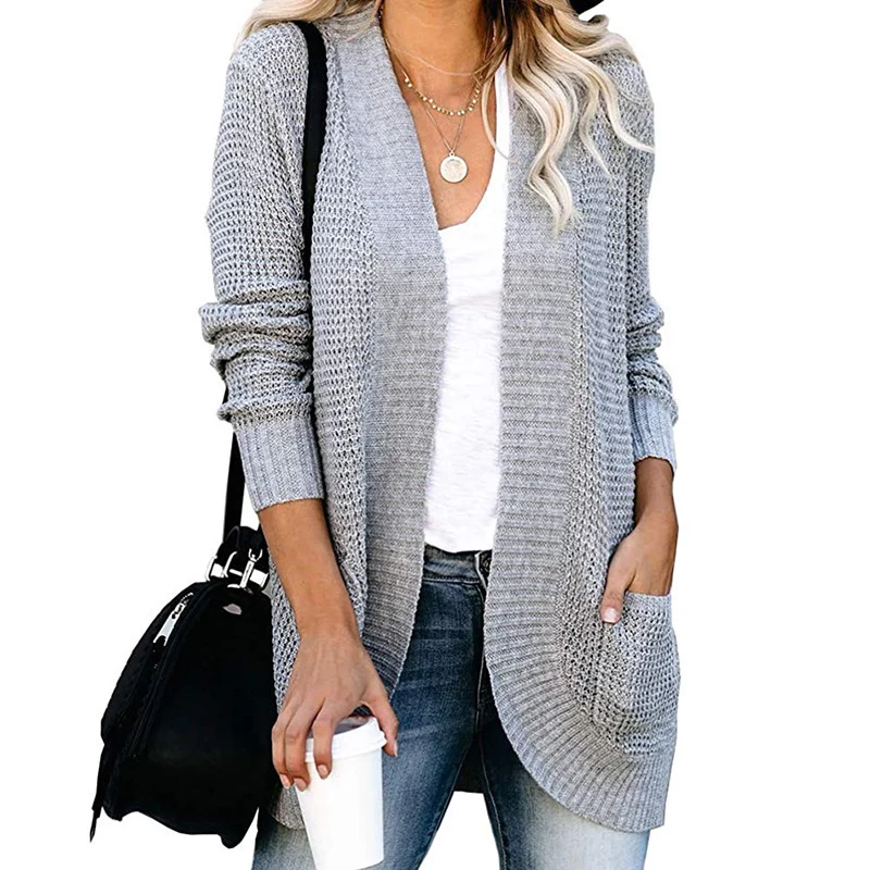 Damen Langer Offener Strickcardigan mit Taschen, Rippbündchen und strukturierter Waffeloptik Nord Taschen