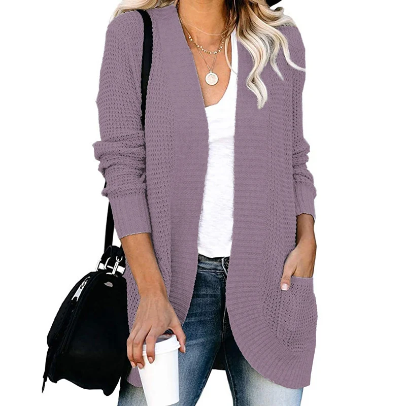 Damen Langer Offener Strickcardigan mit Taschen, Rippbündchen und strukturierter Waffeloptik Nord Taschen