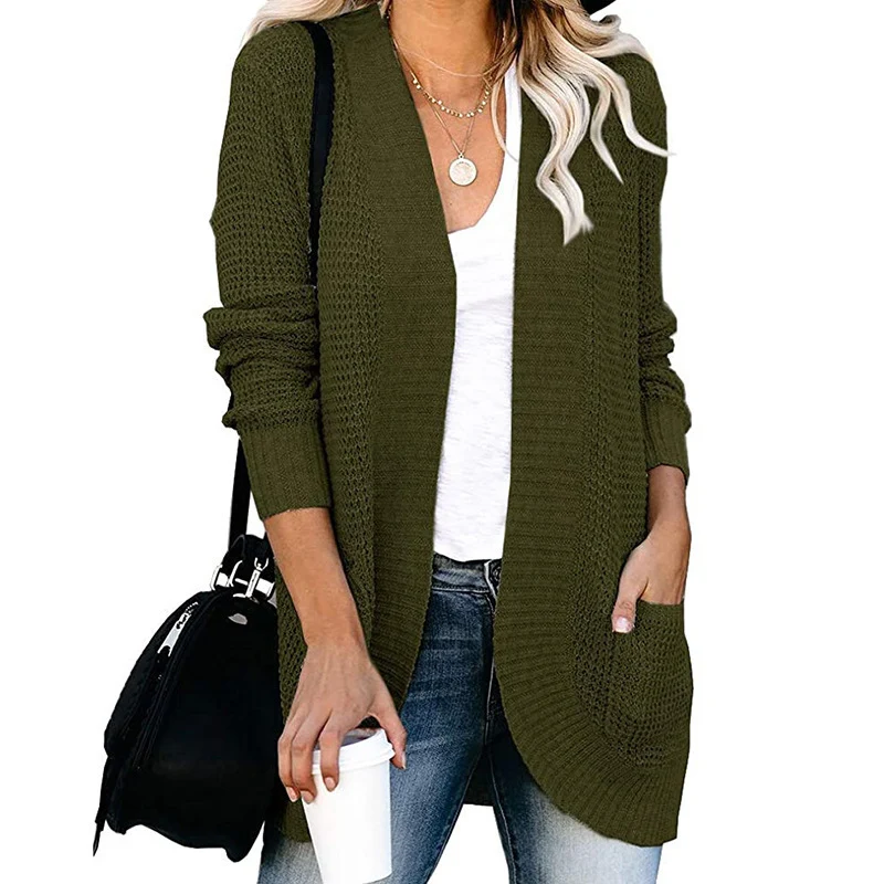 Damen Langer Offener Strickcardigan mit Taschen, Rippbündchen und strukturierter Waffeloptik Nord Taschen
