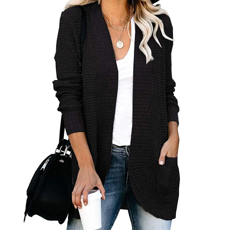 Damen Langer Offener Strickcardigan mit Taschen, Rippbündchen und strukturierter Waffeloptik Nord Taschen