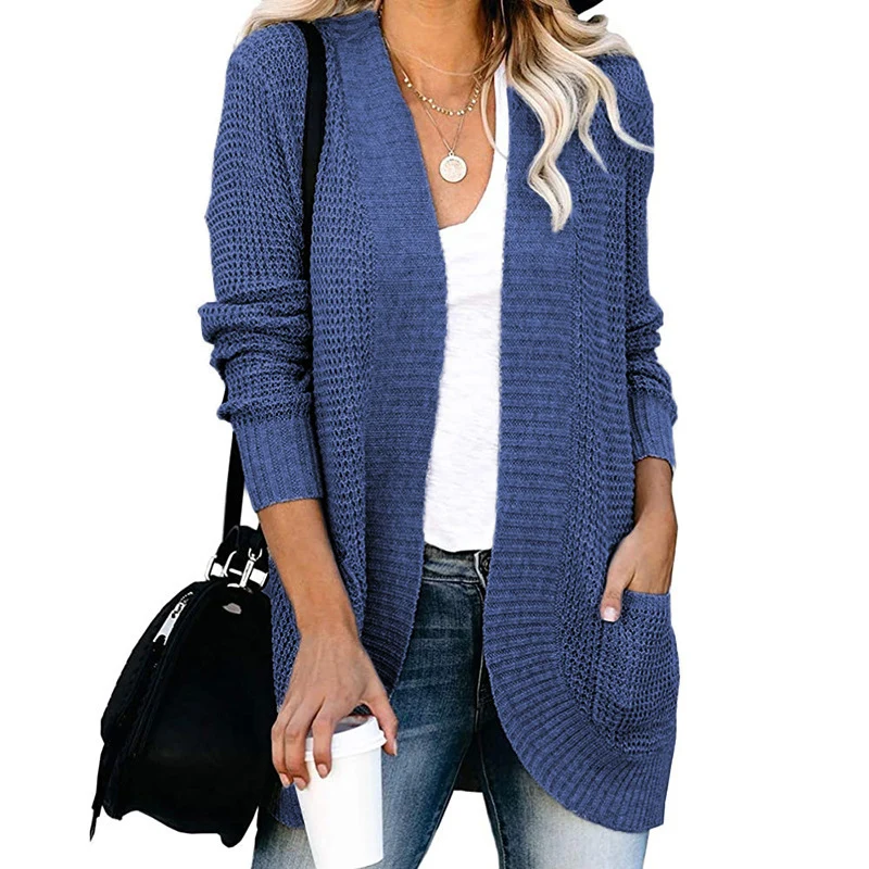 Damen Langer Offener Strickcardigan mit Taschen, Rippbündchen und strukturierter Waffeloptik Nord Taschen