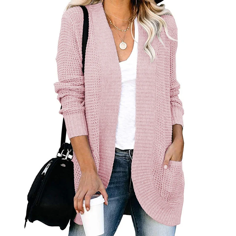 Damen Langer Offener Strickcardigan mit Taschen, Rippbündchen und strukturierter Waffeloptik Nord Taschen
