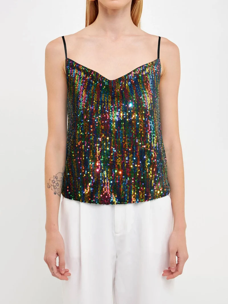 Damen Glitzerndes Spaghettiträgershirt mit V-Ausschnitt