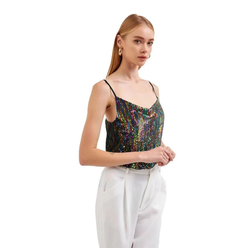 Damen Glitzerndes Spaghettiträgershirt mit V-Ausschnitt