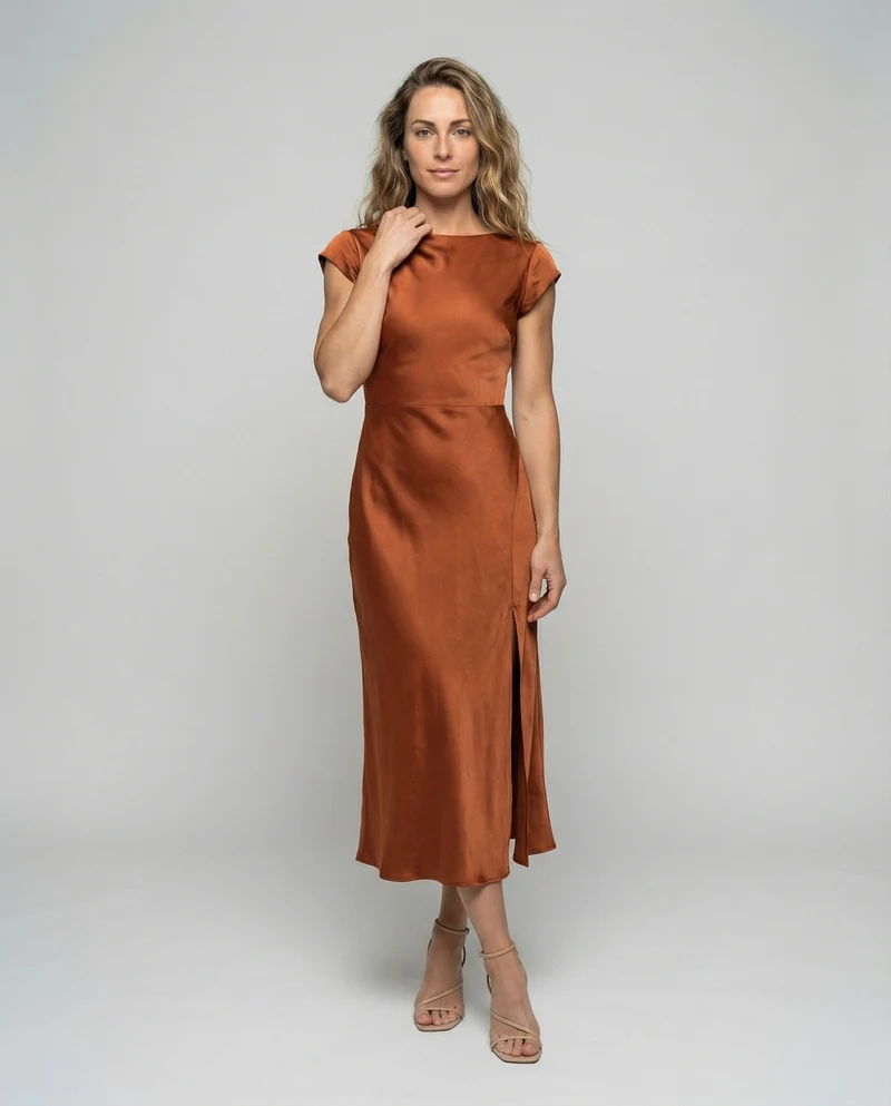 Damen seidig-fallendes Midikleid im Schrägschnitt mit Kappärmeln, taillierter Passform und seitlichem Beinschlitz