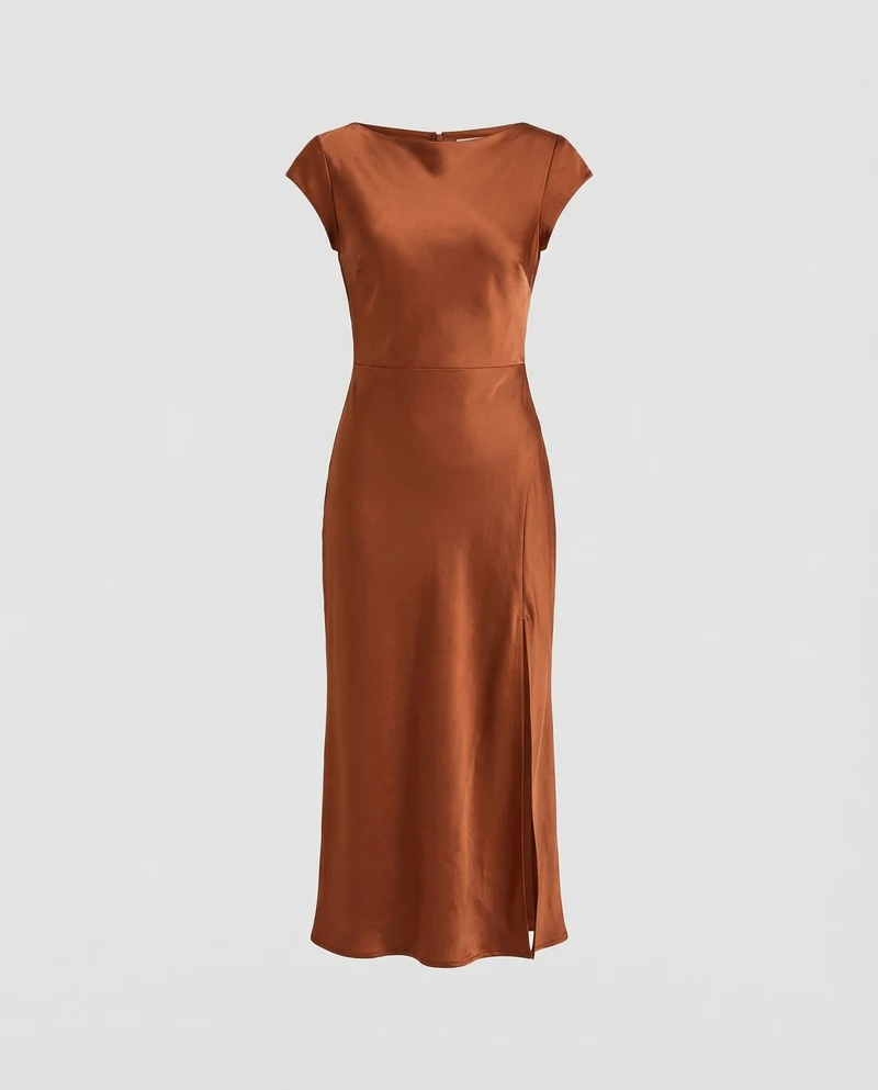 Damen seidig-fallendes Midikleid im Schrägschnitt mit Kappärmeln, taillierter Passform und seitlichem Beinschlitz
